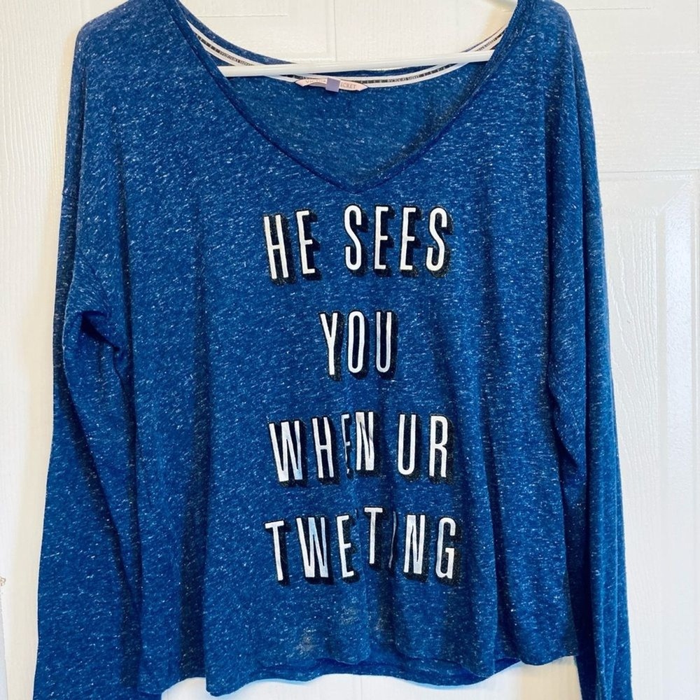 Victoria's Secret Graphic Top Women Large Blue Tweeting Long Sleeve Slub Knit